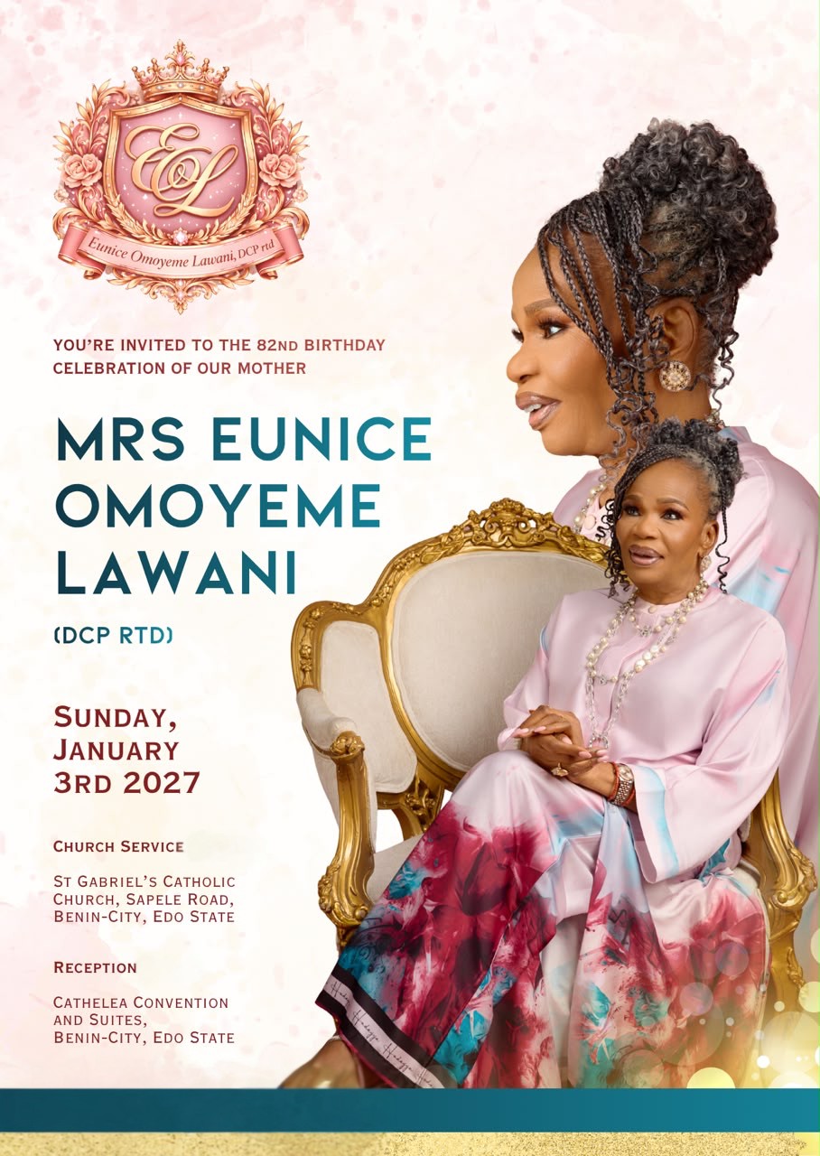 Invitation flyer for the 82nd birthday celebration of Mrs. Eunice Omoyeme Lawani