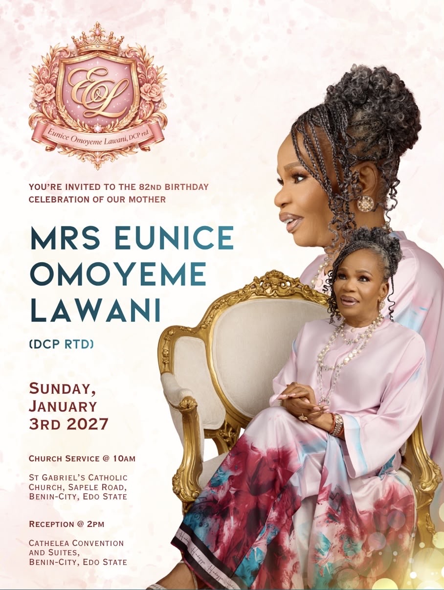 Invitation flyer for the 82nd birthday celebration of Mrs. Eunice Omoyeme Lawani