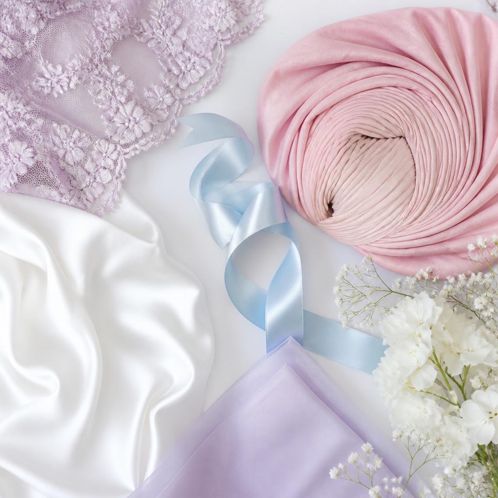 Fabric flatlay in lilac and white